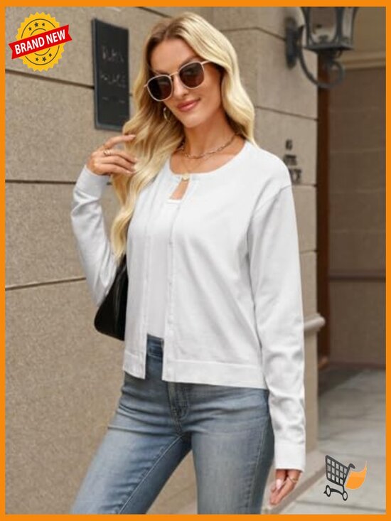 Cropped Cardigan Sweater Lightweight Bolero Shrug Button Down Long Sleeve Top - Picture 2 of 7